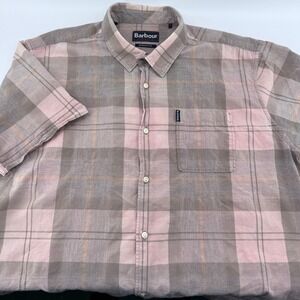Barbour Mens L Short Sleeve Plaid Shirt Regular Fit Pink Gray Comfortable